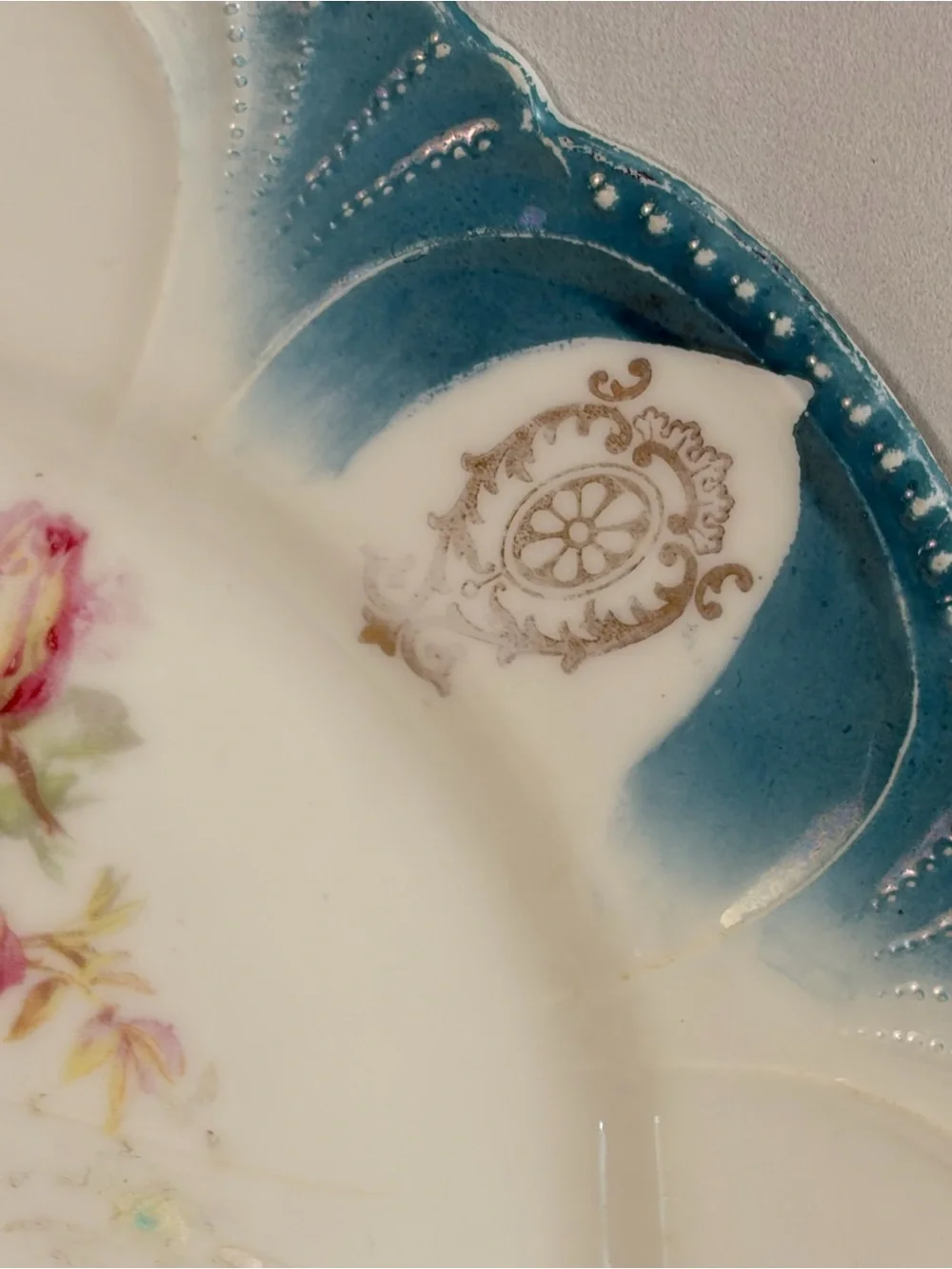 8” Porcelain Rose Plate Teal Blue Gold Scalloped Beaded Rim
